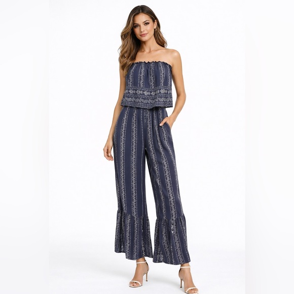 Japna Pants - JAPNA Strapless Smocked Boho Wide Leg Jumpsuit Women’s XS Navy Print